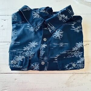 Croft & Barrow Mens 2XB Shirt Blue Palm Tree Sailboat Compass‎ Button Up